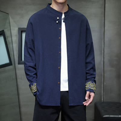 Buddha Stones Fall Winter Tang Style Casual Mandarin Collar Embroidery Auspicious Clouds Cuffs Solid Men's Long Sleeve Shirts - MidnightBlue - US/UK/AU46，EU56 (5XL) - image 0