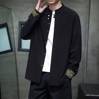 Buddha Stones Fall Winter Tang Style Casual Mandarin Collar Embroidery Auspicious Clouds Cuffs Solid Men's Long Sleeve Shirts - image 12
