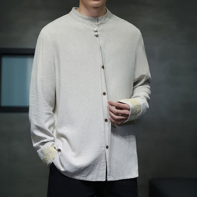 Buddha Stones Fall Winter Tang Style Casual Mandarin Collar Embroidery Auspicious Clouds Cuffs Solid Men's Long Sleeve Shirts - image 17
