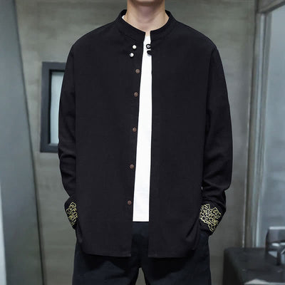Buddha Stones Fall Winter Tang Style Casual Mandarin Collar Embroidery Auspicious Clouds Cuffs Solid Men's Long Sleeve Shirts - image 14