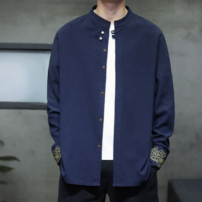 Buddha Stones Fall Winter Tang Style Casual Mandarin Collar Embroidery Auspicious Clouds Cuffs Solid Men's Long Sleeve Shirts - image 8