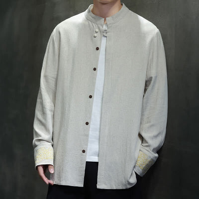 Buddha Stones Fall Winter Tang Style Casual Mandarin Collar Embroidery Auspicious Clouds Cuffs Solid Men's Long Sleeve Shirts - image 22