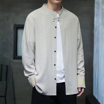 Buddha Stones Fall Winter Tang Style Casual Mandarin Collar Embroidery Auspicious Clouds Cuffs Solid Men's Long Sleeve Shirts - image 21