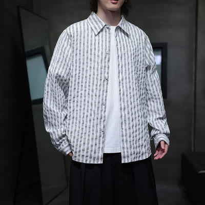 Buddha Stones Fall Casual Minimalist Button-Up Striped Men's Long Sleeve Shirts - Gainsboro - US/UK/AU46，EU56 (5XL) - image 9