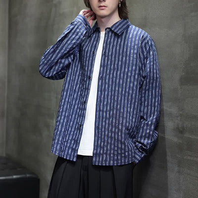 Buddha Stones Fall Casual Minimalist Button-Up Striped Men's Long Sleeve Shirts - image 7