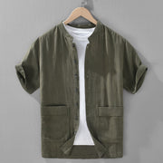 Foviel Summer Casual Mandarin Collar Button-Up Solid Men's Short Sleeve Shirts With Pockets