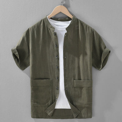 Buddha Stones Summer Casual Mandarin Collar Button-Up Solid Men's Short Sleeve Shirts With Pockets - DarkOliveGreen - US/UK/AU42，EU52 (3XL) - image 0