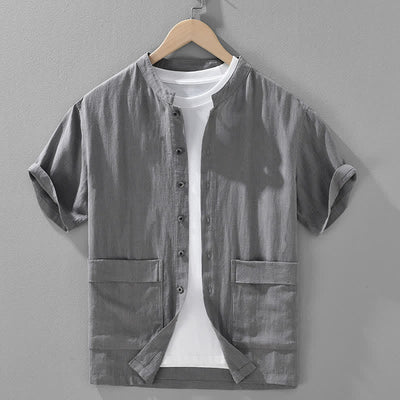 Buddha Stones Summer Casual Mandarin Collar Button-Up Solid Men's Short Sleeve Shirts With Pockets - SlateGray - US/UK/AU42，EU52 (3XL) - image 2