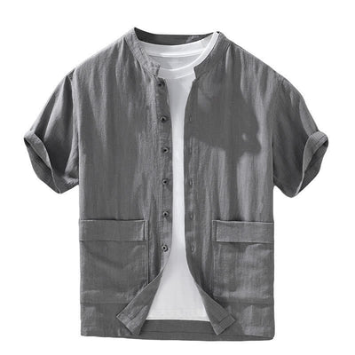 Buddha Stones Summer Casual Mandarin Collar Button-Up Solid Men's Short Sleeve Shirts With Pockets - image 4