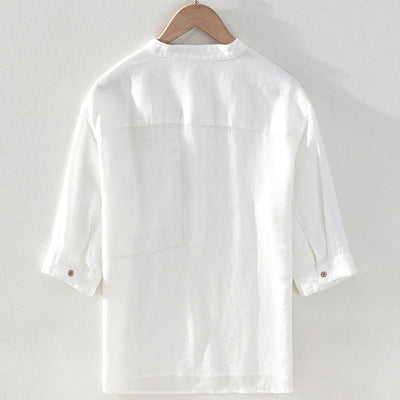 Buddha Stones Summer Casual Tang Style Mandarin Collar Solid Linen Men's Short Sleeve Shirts With Patch Pocket - image 14