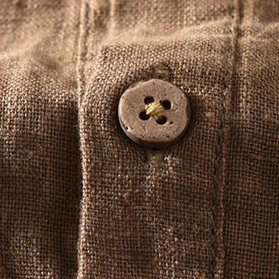 Buddha Stones Summer Casual Tang Style Mandarin Collar Solid Linen Men's Short Sleeve Shirts With Patch Pocket - image 4