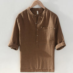 Buddha Stones Summer Casual Tang Style Mandarin Collar Solid Linen Men's Short Sleeve Shirts With Patch Pocket - Sienna - US/UK/AU42，EU52 (3XL) - image 0