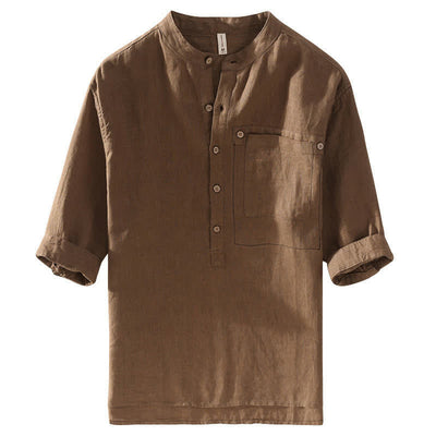 Buddha Stones Summer Casual Tang Style Mandarin Collar Solid Linen Men's Short Sleeve Shirts With Patch Pocket - image 1