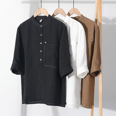 Buddha Stones Summer Casual Tang Style Mandarin Collar Solid Linen Men's Short Sleeve Shirts With Patch Pocket - image 21