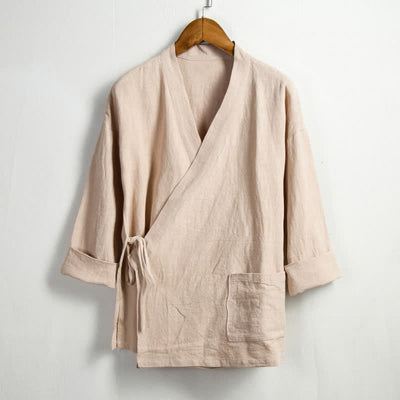 Buddha Stones Spring Casual Tang Style Drawstring Solid Ramie Men's Kimonos With Pocket - Wheat - US/UK/AU44，EU54 (4XL) - image 0