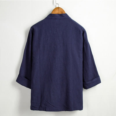 Buddha Stones Spring Casual Tang Style Drawstring Solid Ramie Men's Kimonos With Pocket - image 13