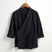 Foviel Spring Casual Tang Style Drawstring Solid Ramie Men's Kimonos With Pocket