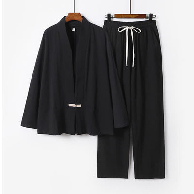 Buddha Stones 2Pcs Spring Solid Ramie V-Neck Kimono Drawstring Pants Men's Meditation Cloth With Pockets - Black - US/UK/AU54，EU64 (9XL) - image 3