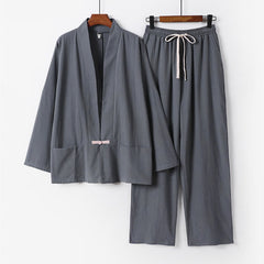Buddha Stones 2Pcs Spring Solid Ramie V-Neck Kimono Drawstring Pants Men's Meditation Cloth With Pockets - SlateGray - US/UK/AU54，EU64 (9XL) - image 0