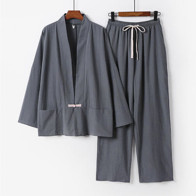 Buddha Stones 2Pcs Spring Solid Ramie V-Neck Kimono Drawstring Pants Men's Meditation Cloth With Pockets - SlateGray - US/UK/AU54，EU64 (9XL) - image 0
