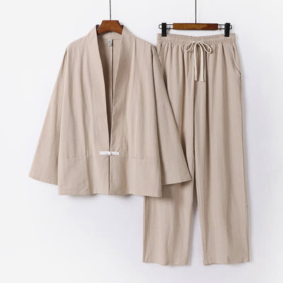 Buddha Stones 2Pcs Spring Solid Ramie V-Neck Kimono Drawstring Pants Men's Meditation Cloth With Pockets - BurlyWood - US/UK/AU54，EU64 (9XL) - image 9