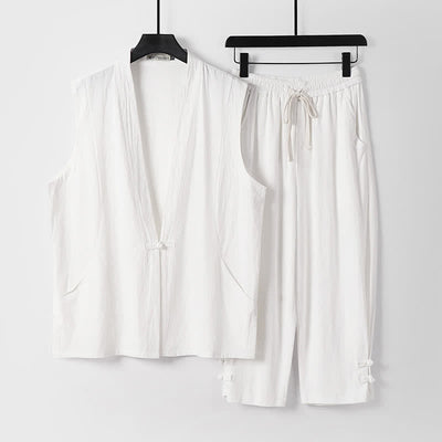 Buddha Stones 2Pcs Summer Tang Style Meditation Frog Button Solid Linen V-Neck Sleeveless Shirt Pants Men's Meditation Cloth With Pockets - White - US/UK/AU54，EU64 (9XL) - image 21