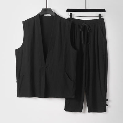 Buddha Stones 2Pcs Summer Tang Style Meditation Frog Button Solid Linen V-Neck Sleeveless Shirt Pants Men's Meditation Cloth With Pockets - Black - US/UK/AU54，EU64 (9XL) - image 16