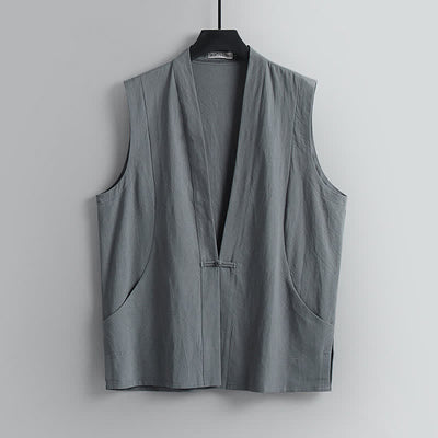 Buddha Stones 2Pcs Summer Tang Style Meditation Frog Button Solid Linen V-Neck Sleeveless Shirt Pants Men's Meditation Cloth With Pockets - image 3