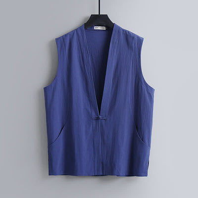 Buddha Stones 2Pcs Summer Tang Style Meditation Frog Button Solid Linen V-Neck Sleeveless Shirt Pants Men's Meditation Cloth With Pockets - image 1