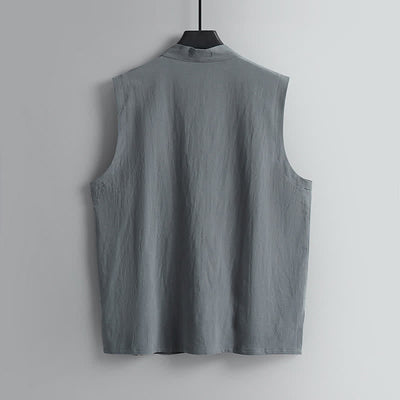 Buddha Stones 2Pcs Summer Tang Style Meditation Frog Button Solid Linen V-Neck Sleeveless Shirt Pants Men's Meditation Cloth With Pockets - image 4