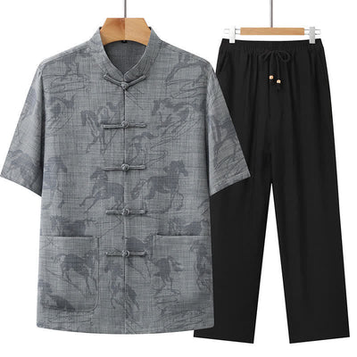 Buddha Stones 2Pcs Summer Tang Style Casual Frog Button Mandarin Collar Horse Print Short Sleeve Shirt Pants Men's Meditation Cloth With Pockets - DarkGray - US/UK/AU42，EU52 (3XL) - image 4