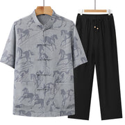 Foviel 2Pcs Summer Tang Style Casual Frog Button Mandarin Collar Horse Print Short Sleeve Shirt Pants Men's Meditation Cloth With Pockets