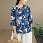 Foviel Summer Casual Tang Style Frog Button Pink Peony Floral Women's Elbow-Length Sleeve Shirts