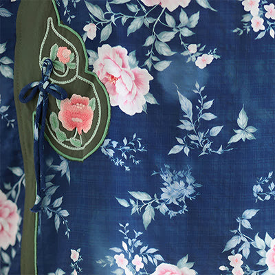 Buddha Stones Summer Casual Tang Style Frog Button Pink Peony Floral Women's Elbow-Length Sleeve Shirts - image 9