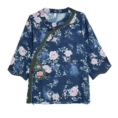 Buddha Stones Summer Casual Tang Style Frog Button Pink Peony Floral Women's Elbow-Length Sleeve Shirts - image 6