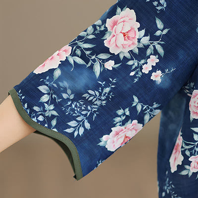 Buddha Stones Summer Casual Tang Style Frog Button Pink Peony Floral Women's Elbow-Length Sleeve Shirts - image 11