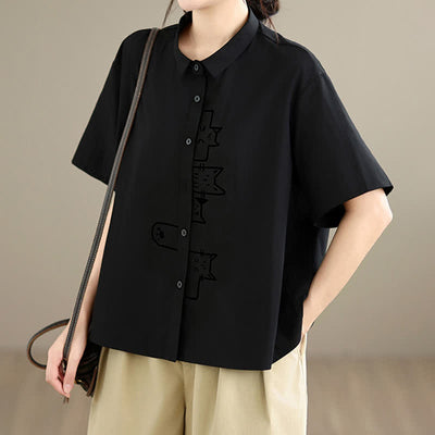 Buddha Stones Summer Casual Minimalist Button-Up Cat Embroidery Women's Short Sleeve Shirts - image 4