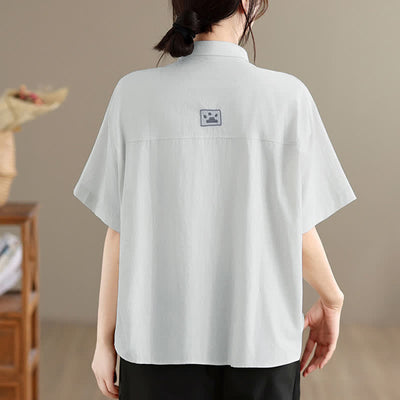 Buddha Stones Summer Casual Minimalist Button-Up Cat Embroidery Women's Short Sleeve Shirts - image 19