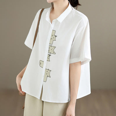 Buddha Stones Summer Casual Minimalist Button-Up Cat Embroidery Women's Short Sleeve Shirts - image 22