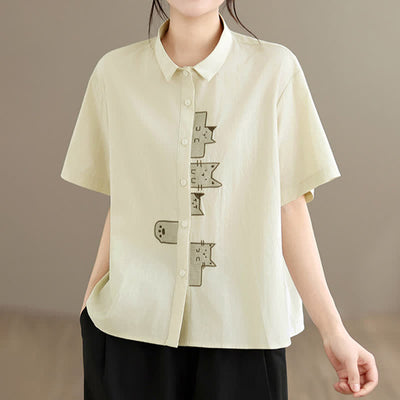 Buddha Stones Summer Casual Minimalist Button-Up Cat Embroidery Women's Short Sleeve Shirts - Beige - US8-10, UK/AU12-14, EU40-42 (2XL) - image 6