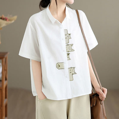 Buddha Stones Summer Casual Minimalist Button-Up Cat Embroidery Women's Short Sleeve Shirts - image 25
