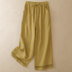 Buddha Stones Summer Casual Minimalist Drawstring Solid Flower Hem Cropped Pants Women's Straight Leg Pants With Pocket - Khaki - US8-10, UK/AU12-14, EU40-42 (2XL) - image 0
