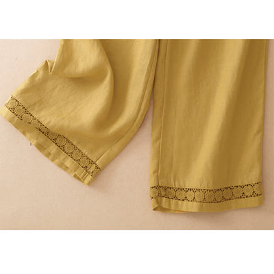 Buddha Stones Summer Casual Minimalist Drawstring Solid Flower Hem Cropped Pants Women's Straight Leg Pants With Pocket - image 3