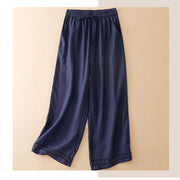 Foviel Summer Casual Minimalist Drawstring Solid Flower Hem Cropped Pants Women's Straight Leg Pants With Pocket