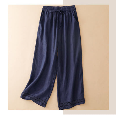 Buddha Stones Summer Casual Minimalist Drawstring Solid Flower Hem Cropped Pants Women's Straight Leg Pants With Pocket - Navy - US8-10, UK/AU12-14, EU40-42 (2XL) - image 5