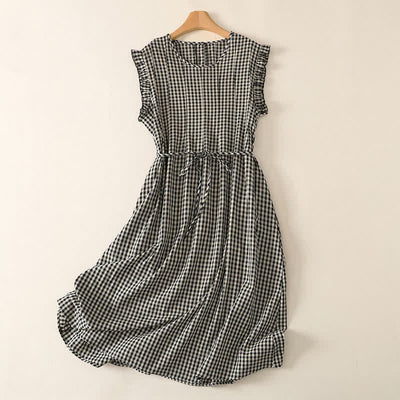 Buddha Stones Summer Vintage Casual Drawstring Plaid Cotton Linen Women's Summer Sleeveless Dress With Pocket - Black - US8-10, UK/AU12-14, EU40-42 (2XL) - image 0