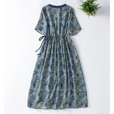 Buddha Stones Summer Vintage Drawstring Floral V-Neck Women's Short Sleeve Dress With Pocket - image 1