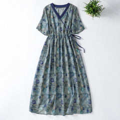 Buddha Stones Summer Vintage Drawstring Floral V-Neck Women's Short Sleeve Dress With Pocket - LightSteelBlue - US12, UK/AU16, EU44 (2XL) - image 0