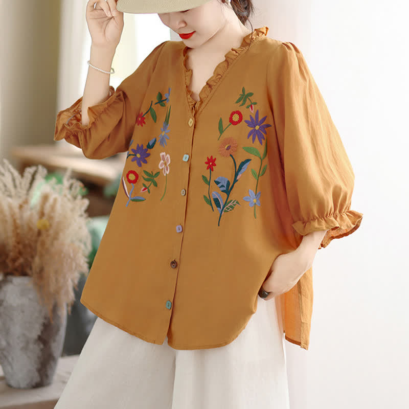 Buddha Stones Summer Casual Vintage Embroidery Colorful Floral Ruffled V-Neck Women's Three-Quarter Sleeve Shirts - image 3