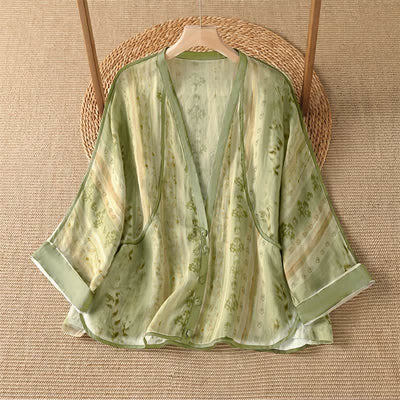 Buddha Stones Summer Casual Vintage Button-Up Floral Women's Long Sleeve Shirts With Pocket - YellowGreen - US14, UK/AU18, EU46 (2XL) - image 6